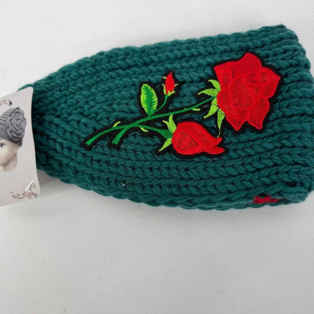 Floral Rose Embroidered Knit Ear Warmer Headband Teal Green Winter Headwrap NEW